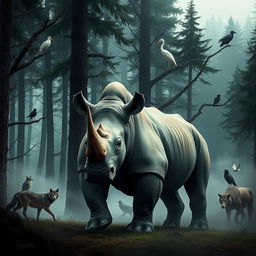 A strong and muscular standing rhinoceros with tall stature, featuring nervous and intense red eyes, surrounded by a misty forest atmosphere