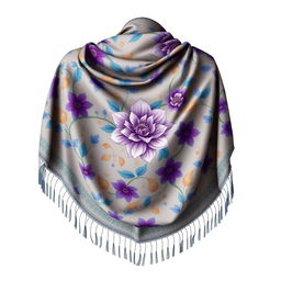 A beautifully intricate shawl design featuring a delicate floral pattern, entwined leaves and vines in vibrant colors like deep blue, rich purple, and hints of gold