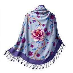 A beautifully intricate shawl design featuring a delicate floral pattern, entwined leaves and vines in vibrant colors like deep blue, rich purple, and hints of gold