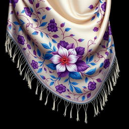 A beautifully intricate shawl design featuring a delicate floral pattern, entwined leaves and vines in vibrant colors like deep blue, rich purple, and hints of gold