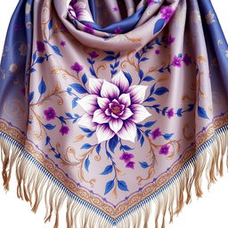 A beautifully intricate shawl design featuring a delicate floral pattern, entwined leaves and vines in vibrant colors like deep blue, rich purple, and hints of gold