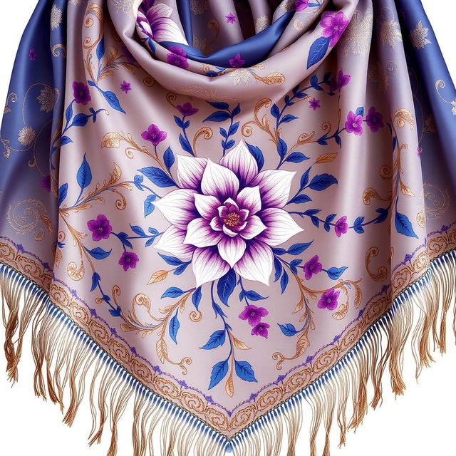 A beautifully intricate shawl design featuring a delicate floral pattern, entwined leaves and vines in vibrant colors like deep blue, rich purple, and hints of gold