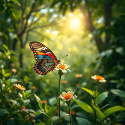 A highly detailed and realistic image of a vibrant butterfly perched delicately on a blooming flower amidst a lush green landscape