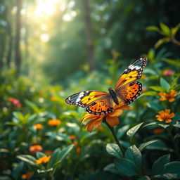 A highly detailed and realistic image of a vibrant butterfly perched delicately on a blooming flower amidst a lush green landscape