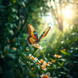 A highly detailed and realistic image of a vibrant butterfly perched delicately on a blooming flower amidst a lush green landscape