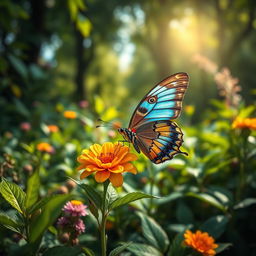 A highly detailed and realistic image of a vibrant butterfly perched delicately on a blooming flower amidst a lush green landscape