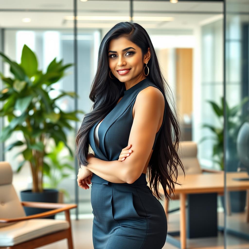 An elegant and confident Indian woman with an hourglass figure, partially dressed in a stylish business attire, standing in a modern corporate office