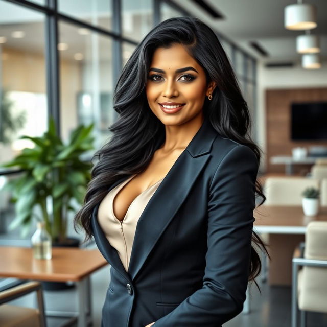 An elegant and confident Indian woman with an hourglass figure, partially dressed in a stylish business attire, standing in a modern corporate office