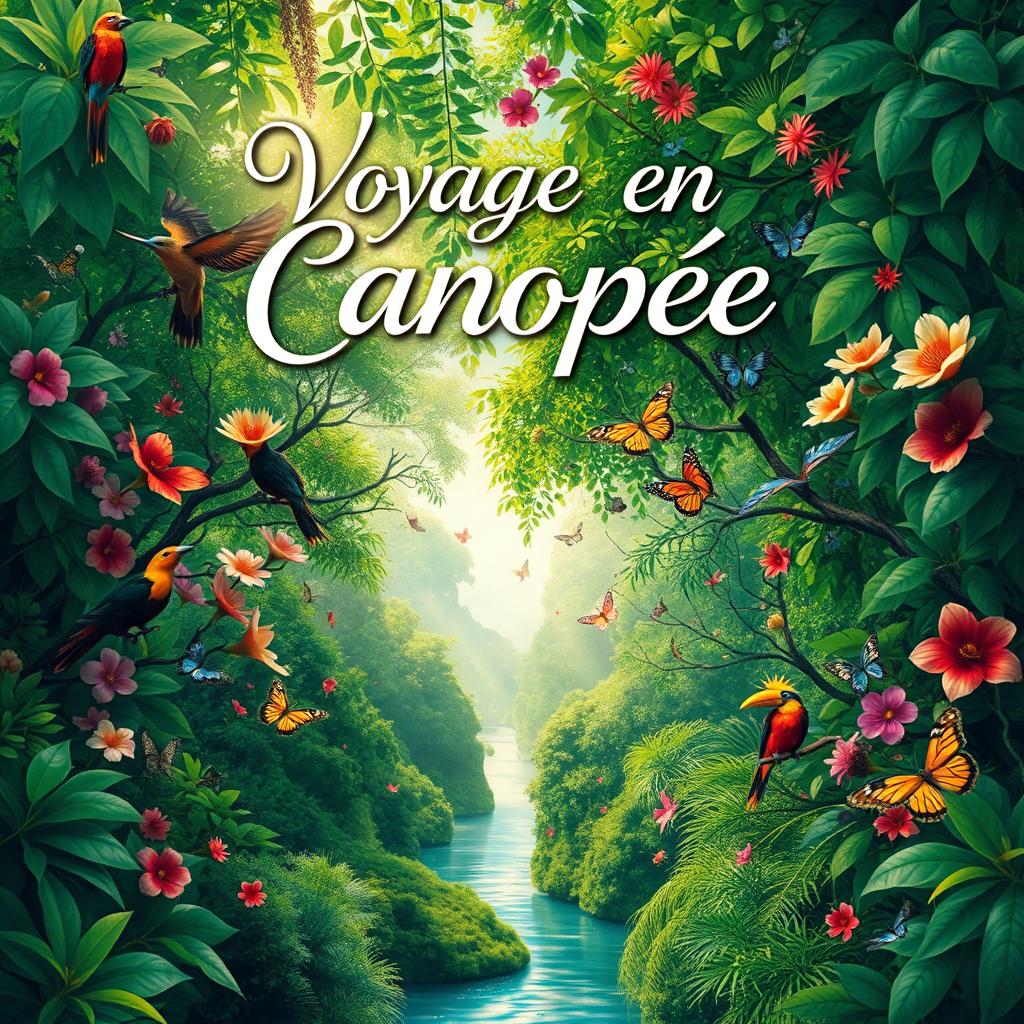 An enchanting book cover for a novel titled 'Voyage en Canopée'