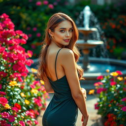 A beautiful woman exuding confidence, standing in an elegant pose in a lush garden filled with vibrant flowers