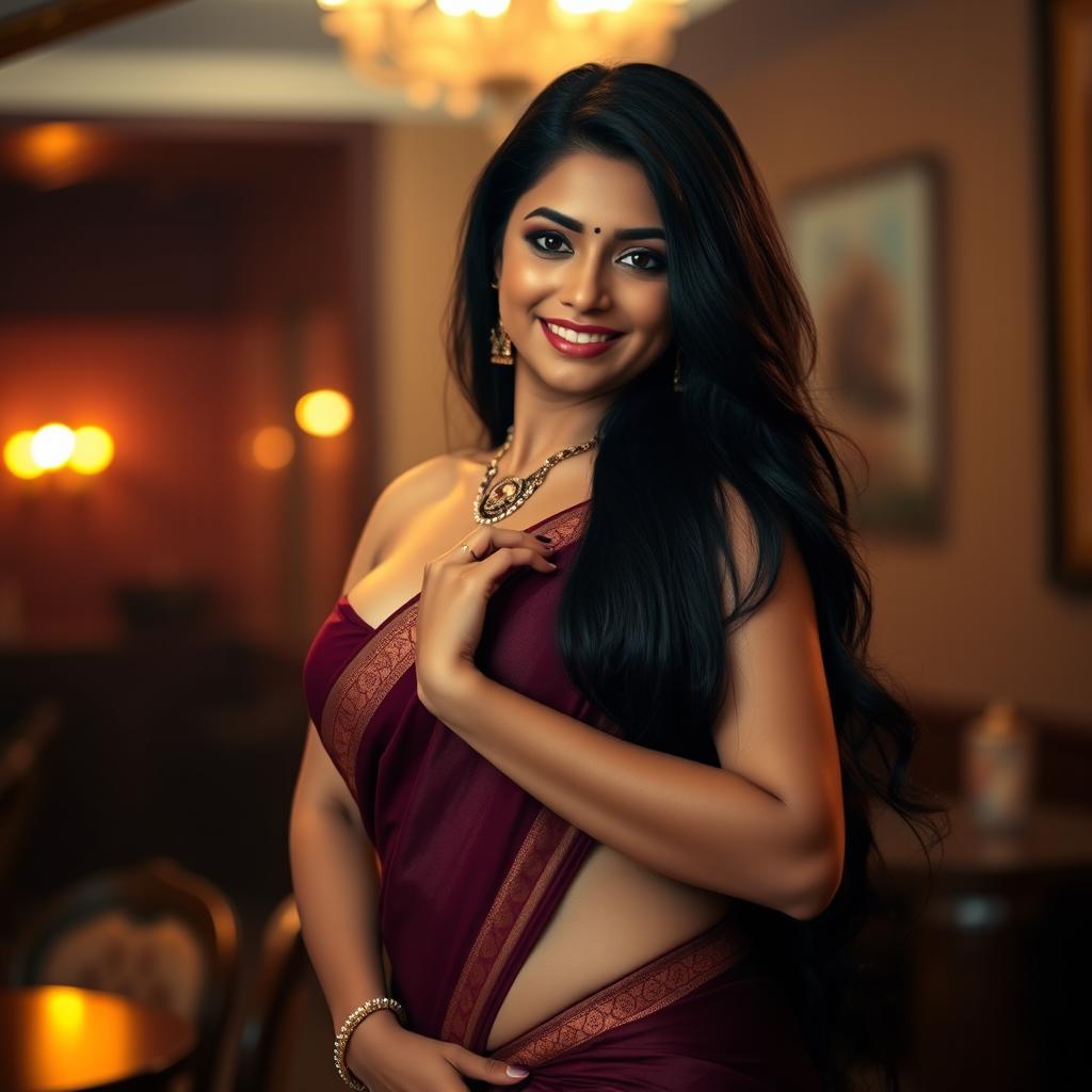 A voluptuous Indian woman with long dark hair, exuding confidence and grace, standing in an elegant pose