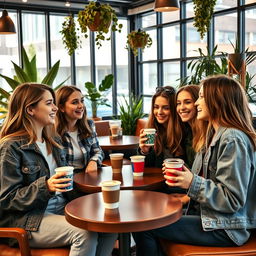 A cozy café scene featuring a group of stylish teenagers enjoying coffee