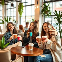 A cozy café scene featuring a group of stylish teenagers enjoying coffee