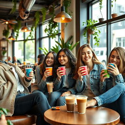 A cozy café scene featuring a group of stylish teenagers enjoying coffee