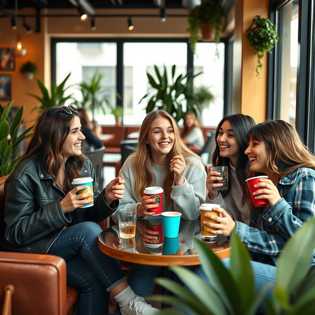 A cozy café scene featuring a group of stylish teenagers enjoying coffee