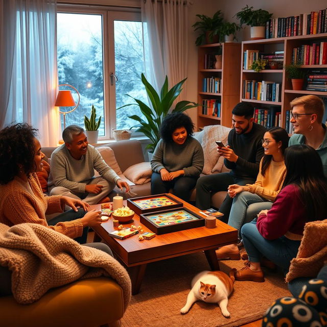 A warm and inviting living room scene featuring a group of friends of diverse backgrounds gathered together playing cozy games