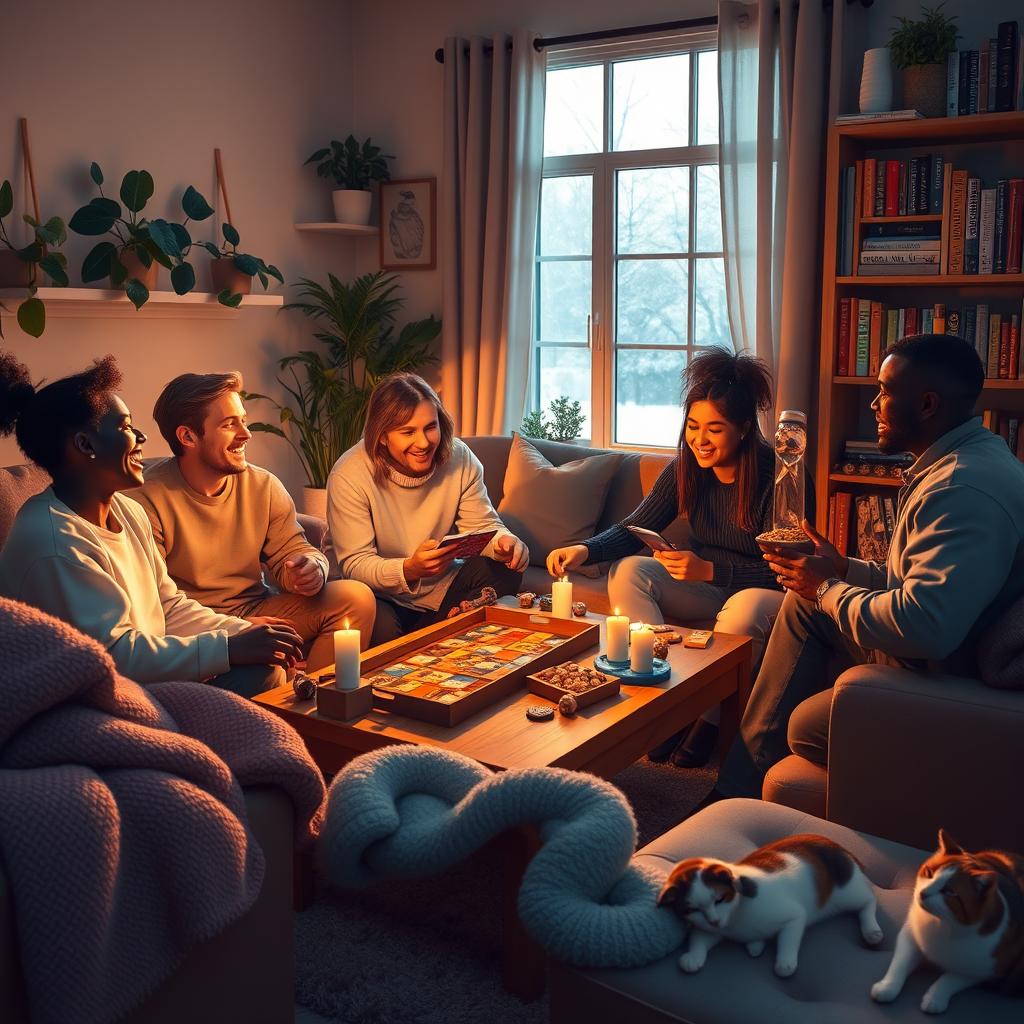 A warm and inviting living room scene featuring a group of friends of diverse backgrounds gathered together playing cozy games