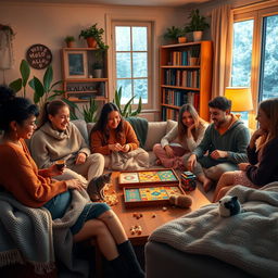 A warm and inviting living room scene featuring a group of friends of diverse backgrounds gathered together playing cozy games