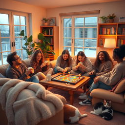 A warm and inviting living room scene featuring a group of friends of diverse backgrounds gathered together playing cozy games