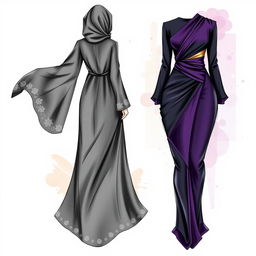 A collection of elegant abaya sketches showcasing intricate designs and details