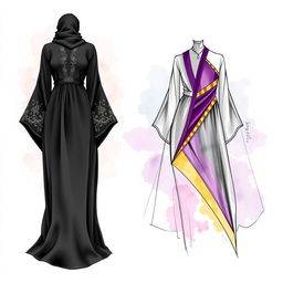 A collection of elegant abaya sketches showcasing intricate designs and details