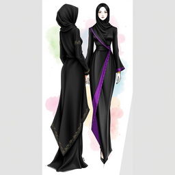 A collection of elegant abaya sketches showcasing intricate designs and details