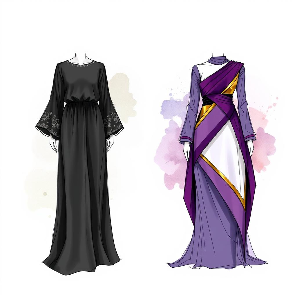 A collection of elegant abaya sketches showcasing intricate designs and details