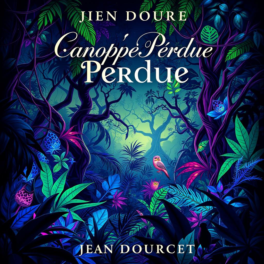 A stunning book cover for the novel titled 'Canopée Perdue' by Jean Dourcet