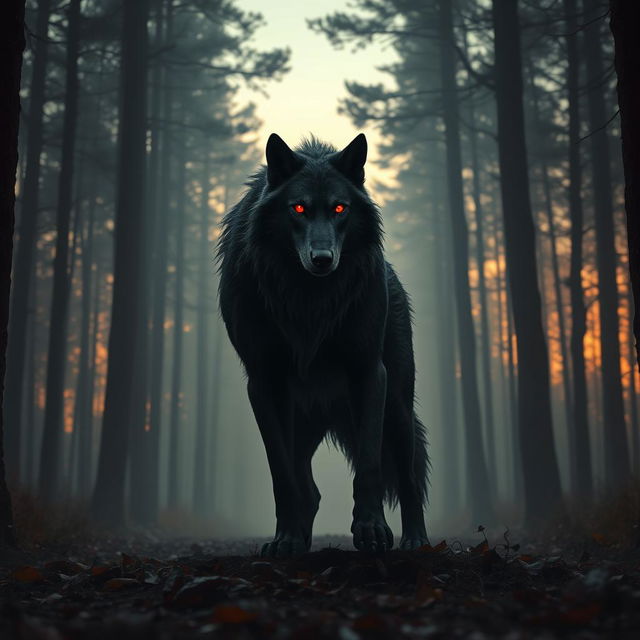 A humanoid wolf standing majestically in a dense forest, evoking a powerful presence