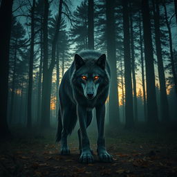 A humanoid wolf standing majestically in a dense forest, evoking a powerful presence