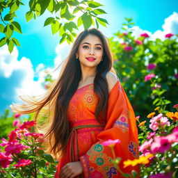 A stunning young woman with long flowing hair, dressed in a vibrant traditional dress, standing gracefully in a lush green garden