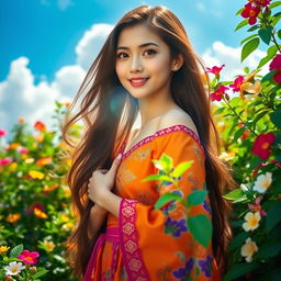 A stunning young woman with long flowing hair, dressed in a vibrant traditional dress, standing gracefully in a lush green garden