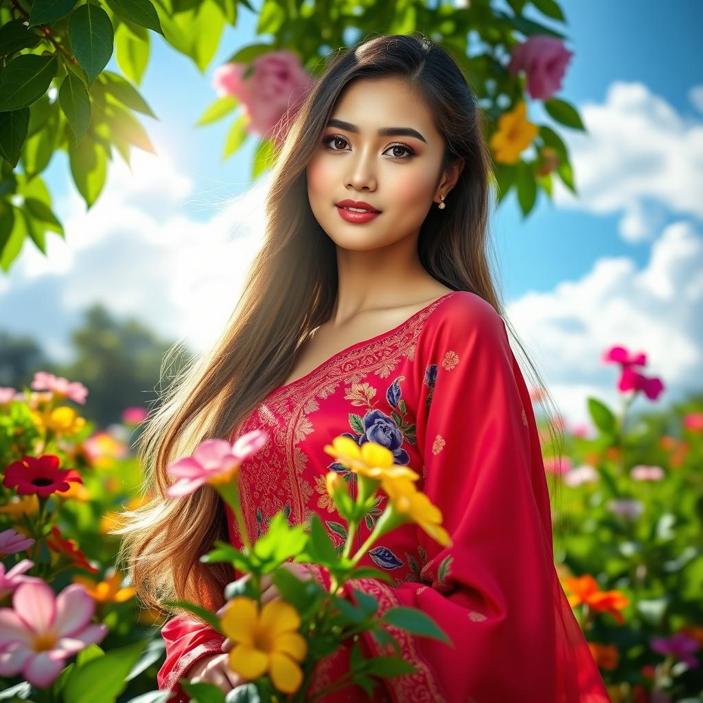 A stunning young woman with long flowing hair, dressed in a vibrant traditional dress, standing gracefully in a lush green garden