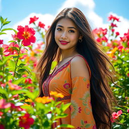 A stunning young woman with long flowing hair, dressed in a vibrant traditional dress, standing gracefully in a lush green garden