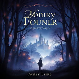 A captivating book cover design featuring a mystical forest at twilight, with ethereal light filtering through the trees
