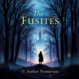 A captivating book cover design featuring a mystical forest at twilight, with ethereal light filtering through the trees