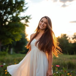 A beautiful young woman with long flowing hair, standing in a serene natural setting