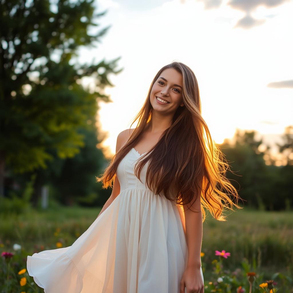 A beautiful young woman with long flowing hair, standing in a serene natural setting