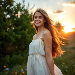 A beautiful young woman with long flowing hair, standing in a serene natural setting