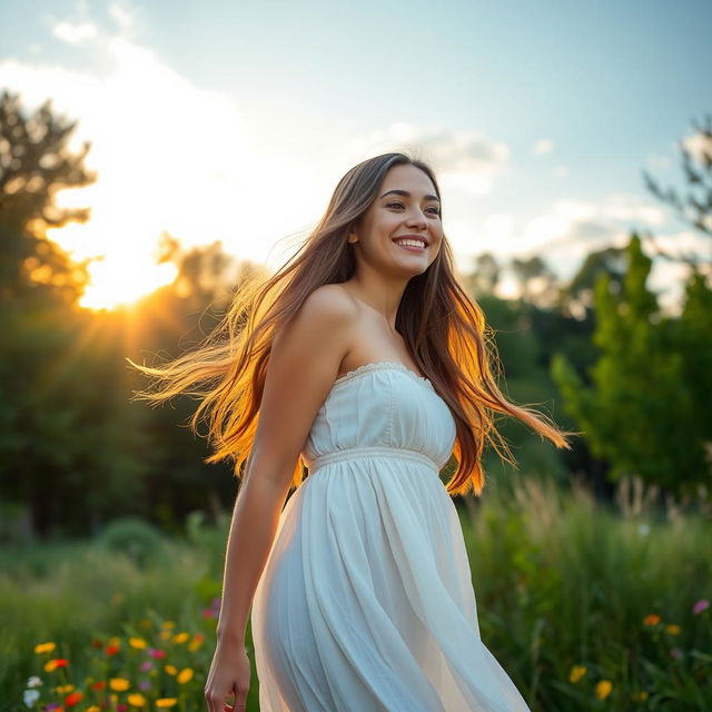 A beautiful young woman with long flowing hair, standing in a serene natural setting