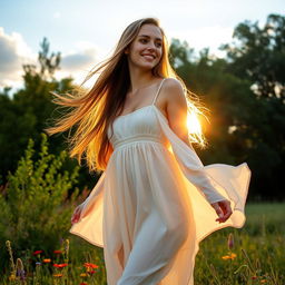 A beautiful young woman with long flowing hair, standing in a serene natural setting