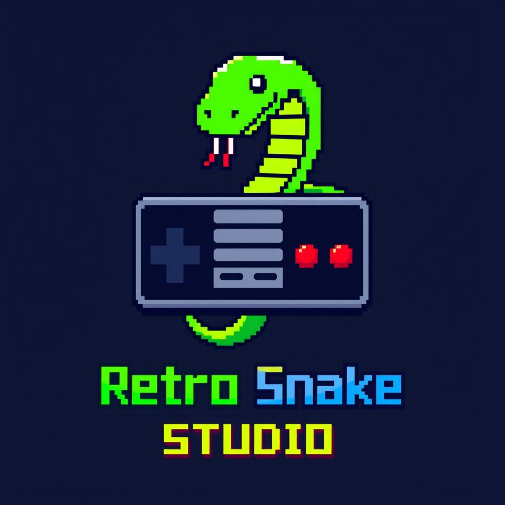 A bold, vibrant, and creative 8-bit-style logo for a gaming company named 'Retro Snake Studio'