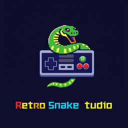 A bold, vibrant, and creative 8-bit-style logo for a gaming company named 'Retro Snake Studio'