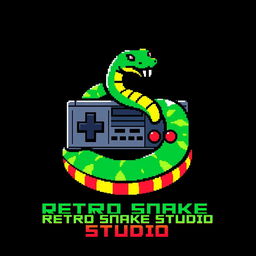 A bold, vibrant, and creative 8-bit-style logo for a gaming company named 'Retro Snake Studio'