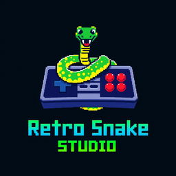 A bold, vibrant, and creative 8-bit-style logo for a gaming company named 'Retro Snake Studio'