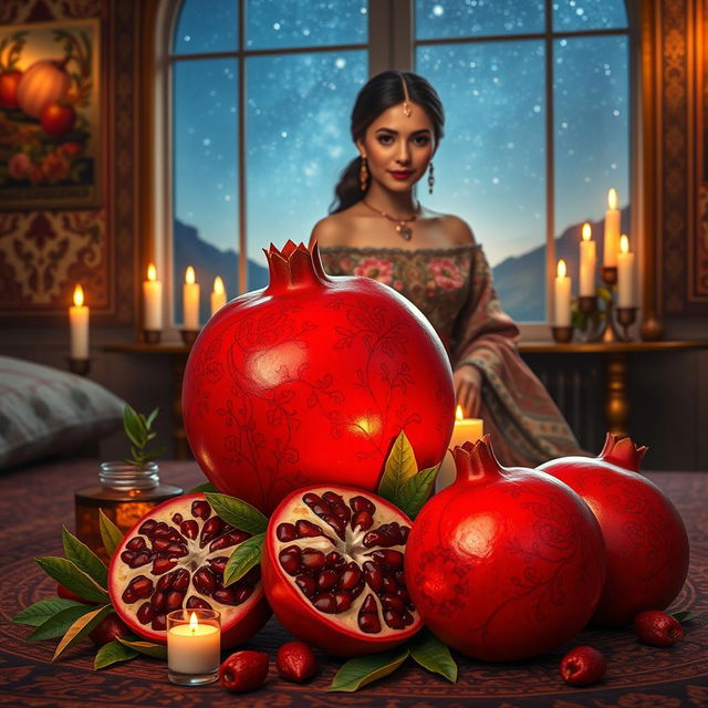 An artistic representation of a Pomegranate, symbolizing fertility and abundance, beautifully arranged for Yalda Night, accompanied by an elegant Iranian woman dressed in traditional Iranian clothing