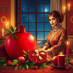 An artistic representation of a Pomegranate, symbolizing fertility and abundance, beautifully arranged for Yalda Night, accompanied by an elegant Iranian woman dressed in traditional Iranian clothing