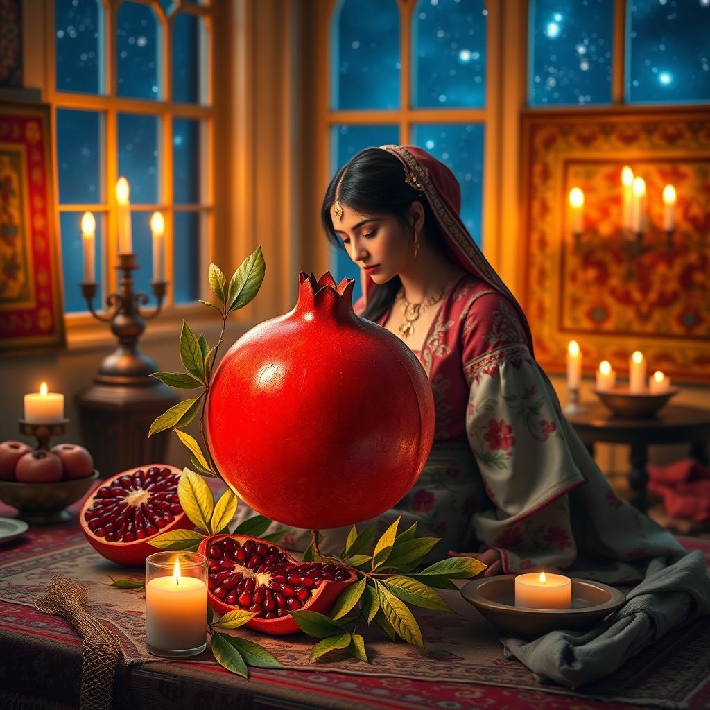 An artistic representation of a Pomegranate, symbolizing fertility and abundance, beautifully arranged for Yalda Night, accompanied by an elegant Iranian woman dressed in traditional Iranian clothing