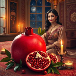 An artistic representation of a Pomegranate, symbolizing fertility and abundance, beautifully arranged for Yalda Night, accompanied by an elegant Iranian woman dressed in traditional Iranian clothing