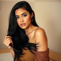 A beautiful woman with long black hair, striking a confident pose, wearing a stylish outfit that showcases her elegance